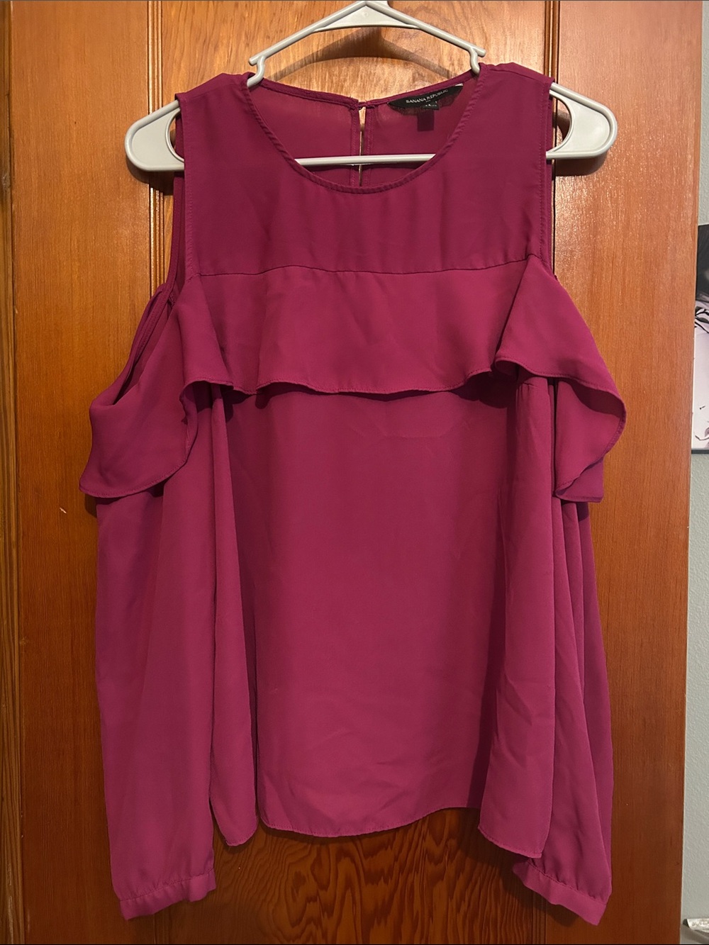 Express Magenta Cold-Shoulder Ruffle Long Sleeve Top